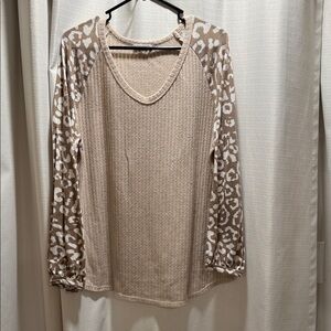 First Love Beige Waffle Knit Tunic with Leopard-Print Sleeves